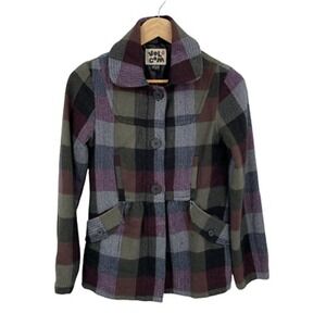 Volcom Jacket Women XS Plaid Wool Blend Full Zip Button Front Pockets Peplum Hem